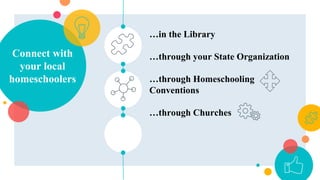 Connect with
your local
homeschoolers
…in the Library
…through your State Organization
…through Homeschooling
Conventions
…through Churches
 