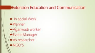 Extension Education and Communication
 In social Work
Planner
Aganwadi worker
Event Manager
As researcher
NGO’S
 