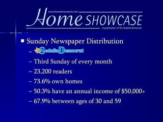 Sunday Newspaper Distribution Third Sunday of every month 23,200 readers 73.6% own homes 50.3% have an annual income of $50,000+ 67.9% between ages of 30 and 59  