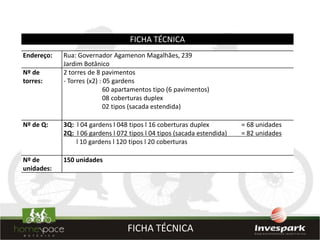 FICHA TÉCNICA
Endereço:   Rua: Governador Agamenon Magalhães, 239
            Jardim Botânico
Nº de       2 torres de 8 pavimentos
torres:     - Torres (x2) : 05 gardens
                            60 apartamentos tipo (6 pavimentos)
                            08 coberturas duplex
                            02 tipos (sacada estendida)

Nº de Q:    3Q: l 04 gardens l 048 tipos l 16 coberturas duplex          = 68 unidades
            2Q: l 06 gardens l 072 tipos l 04 tipos (sacada estendida)   = 82 unidades
                l 10 gardens l 120 tipos l 20 coberturas

Nº de       150 unidades
unidades:




                                  FICHA TÉCNICA
 