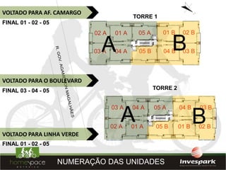 VOLTADO PARA AF. CAMARGO
                                           TORRE 1
FINAL 01 - 02 - 05
                            02 A    01 A     05 A      01 B    02 B

                              A
                            03 A    04 A     05 B      04 BB   03 B



VOLTADO PARA O BOULEVARD
FINAL 03 - 04 - 05                                  TORRE 2


                                   03 A    04 A     05 A      04 B    03 B

                                      A
                                   02 A    01 A     05 B      01 B
                                                                     B02 B
VOLTADO PARA LINHA VERDE
FINAL 01 - 02 - 05


                     NUMERAÇÃO DAS UNIDADES
 