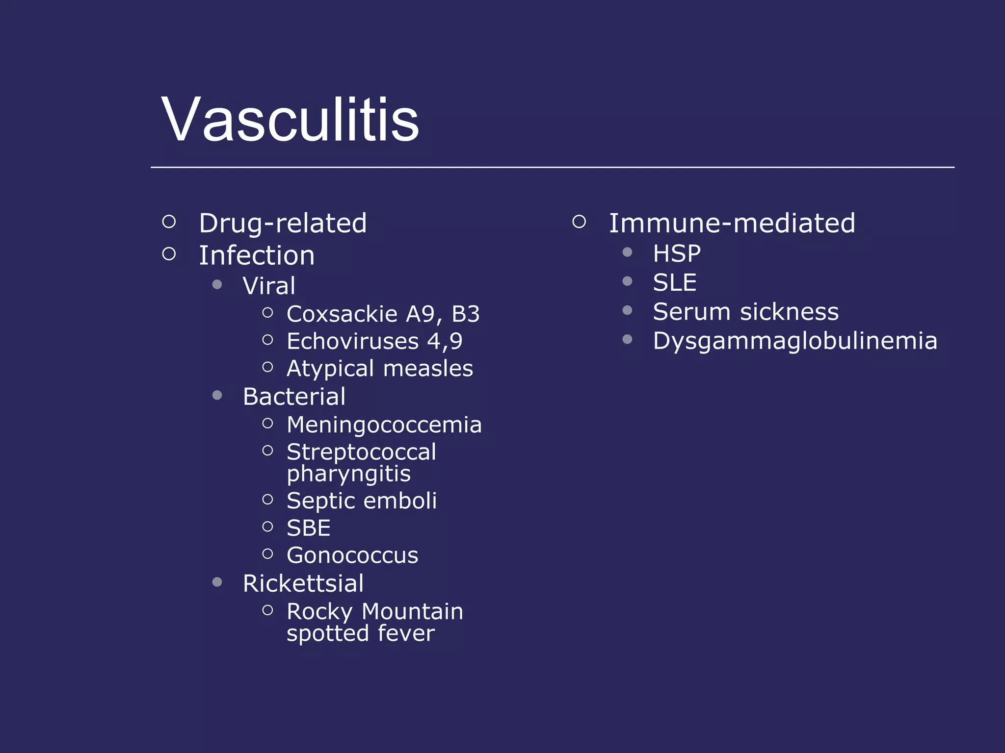 Vasculitis Drug-related Infection Viral Coxsackie A9, B3 Echoviruses 4,9 Atypical measles Bacterial Meningococcemia Streptococcal pharyngitis Septic emboli SBE Gonococcus Rickettsial Rocky Mountain spotted fever Immune-mediated HSP SLE Serum sickness Dysgammaglobulinemia 