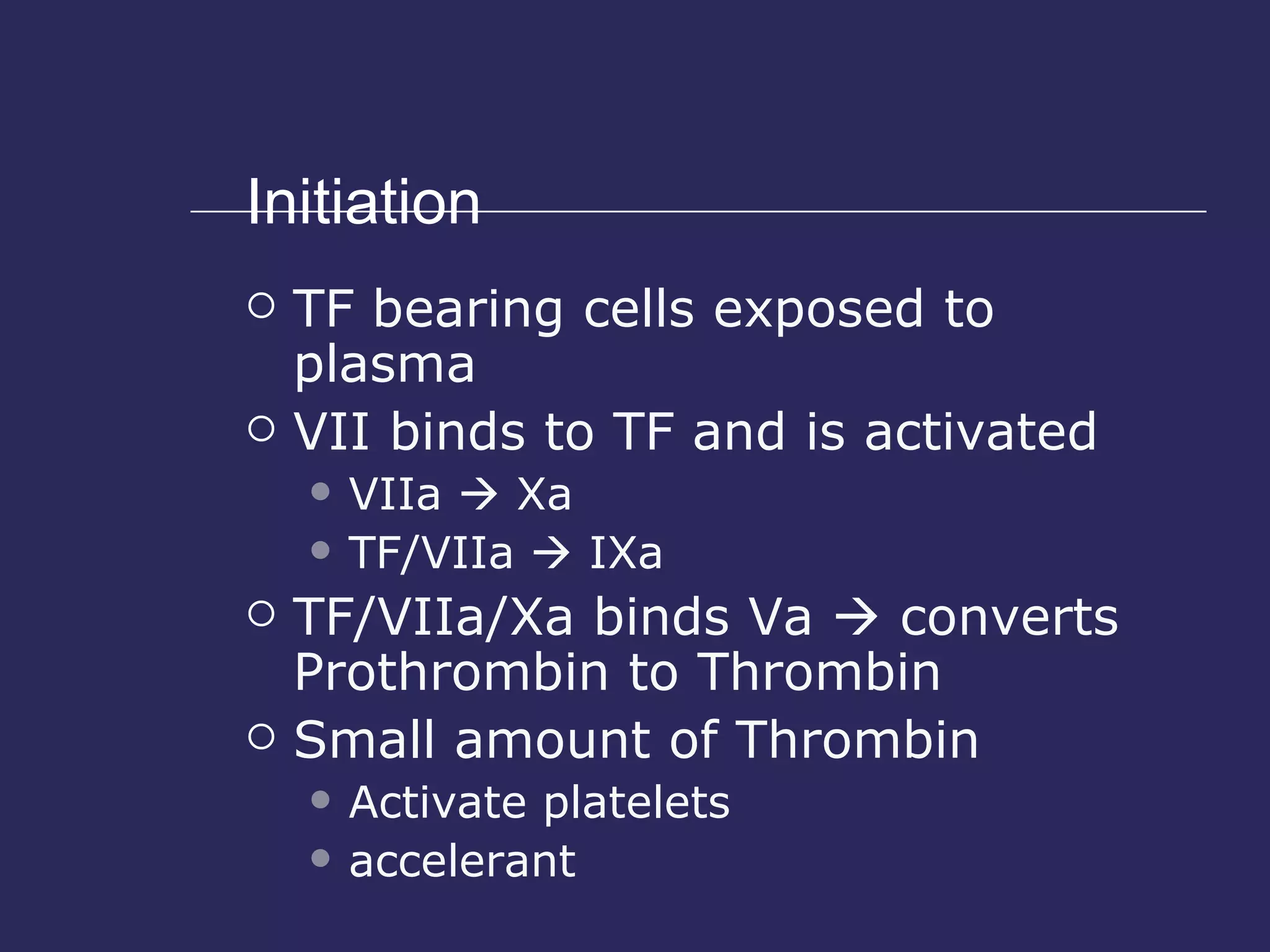 Initiation TF bearing cells exposed to plasma VII binds to TF and is activated VIIa    Xa TF/VIIa    IXa TF/VIIa/Xa binds Va    converts Prothrombin to Thrombin Small amount of Thrombin Activate platelets accelerant 