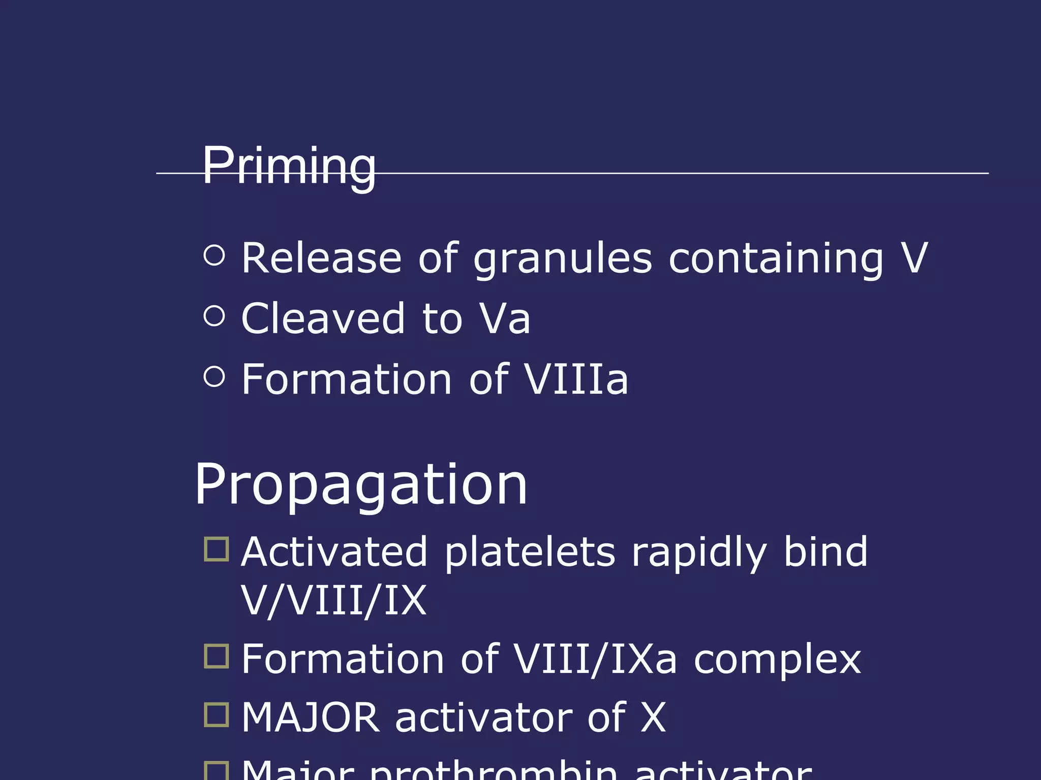 Priming Release of granules containing V Cleaved to Va Formation of VIIIa Propagation Activated platelets rapidly bind V/VIII/IX Formation of VIII/IXa complex MAJOR activator of X Major prothrombin activator 