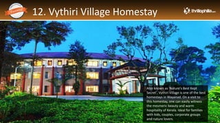 12. Vythiri Village Homestay
Thrillophilia.com 2014 All rights reserved. Please do not forward soft or hard copy without permissions
Also known as 'Nature's Best Kept
Secret', Vythiri Village is one of the best
homestays in Wayanad. On a visit to
this homestay, one can easily witness
the mesmeric beauty and warm
hospitality of Kerala. Ideal for families
with kids, couples, corporate groups
and nature lovers.
 