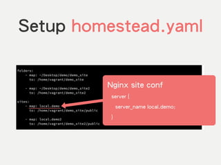 Setup homestead.yaml
Nginx site conf
!
server {
!
server_name local.demo;
!
}
 
