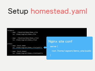 Setup homestead.yaml
Nginx site conf
!
server {
!
root /home/vagrant/demo_site/public
!
}
 