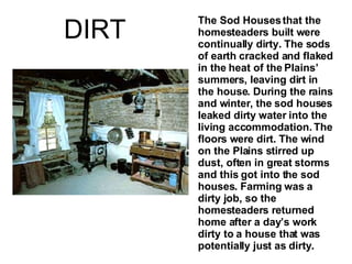 The Sod Houses that the homesteaders built were continually dirty. The sods of earth cracked and flaked in the heat of the...