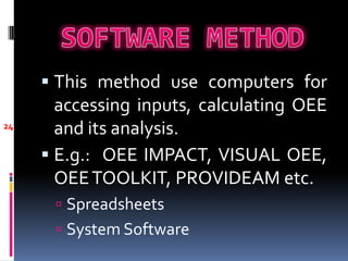  This method use computers for
accessing inputs, calculating OEE
and its analysis.
 E.g.: OEE IMPACT, VISUAL OEE,
OEETOOLKIT, PROVIDEAM etc.
 Spreadsheets
 System Software
24
 