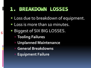  Loss due to breakdown of equipment.
 Loss is more than 10 minutes.
 Biggest of SIX BIG LOSSES.
 Tooling Failures
 Unplanned Maintenance
 General Breakdowns
 Equipment Failure
6
 