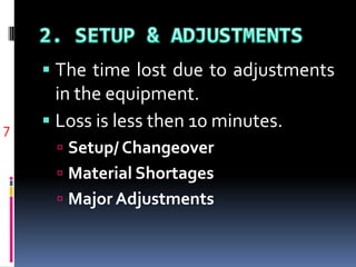  The time lost due to adjustments
in the equipment.
 Loss is less then 10 minutes.
 Setup/ Changeover
 Material Shortages
 Major Adjustments
7
 