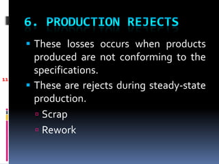  These losses occurs when products
       produced are not conforming to the
       specifications.
11
      These are rejects during steady-state
       production.
        Scrap
        Rework
 