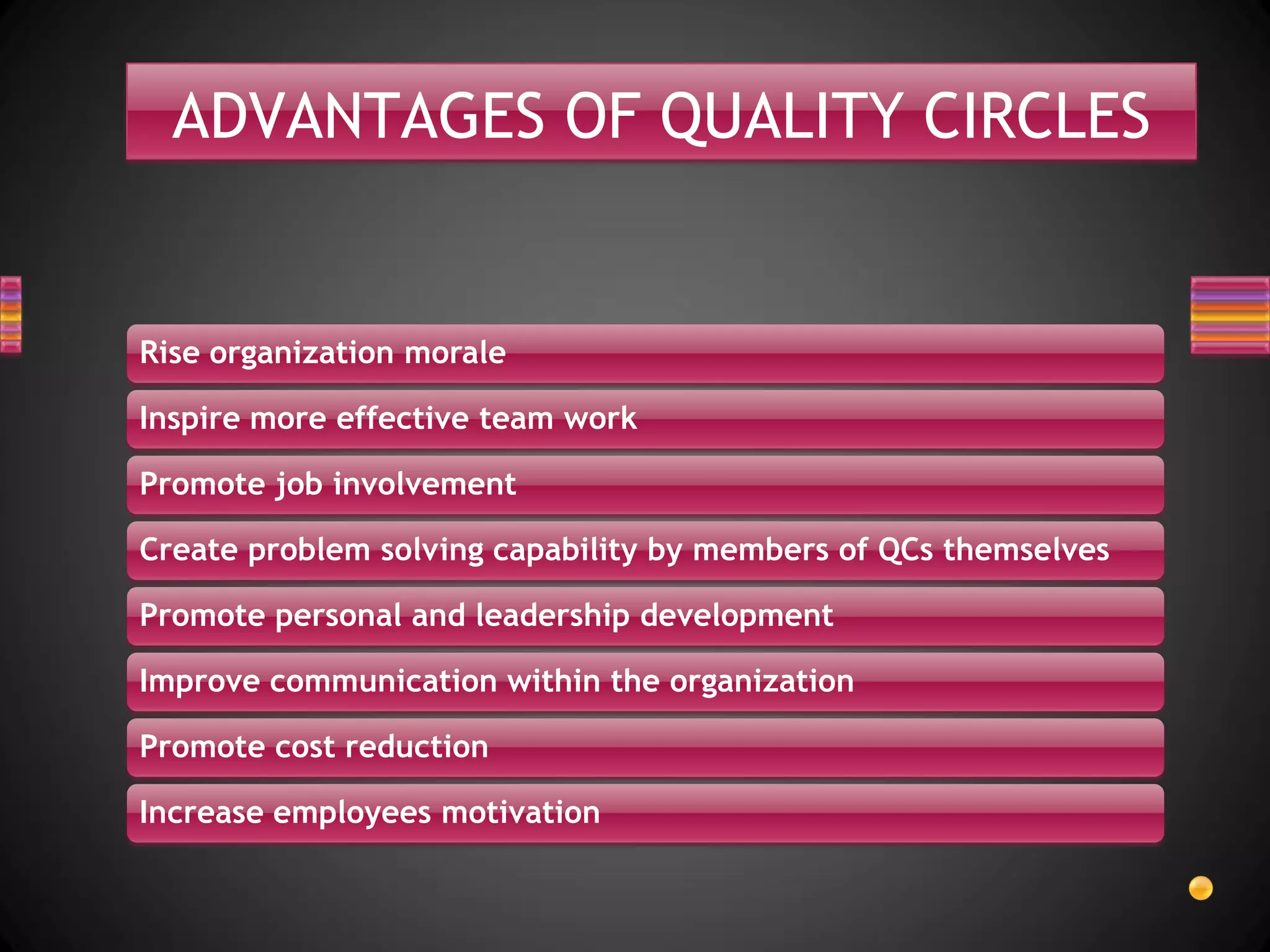 ADVANTAGES OF QUALITY CIRCLES


Rise organization morale

Inspire more effective team work

Promote job involvement

Create problem solving capability by members of QCs themselves

Promote personal and leadership development

Improve communication within the organization

Promote cost reduction

Increase employees motivation
 