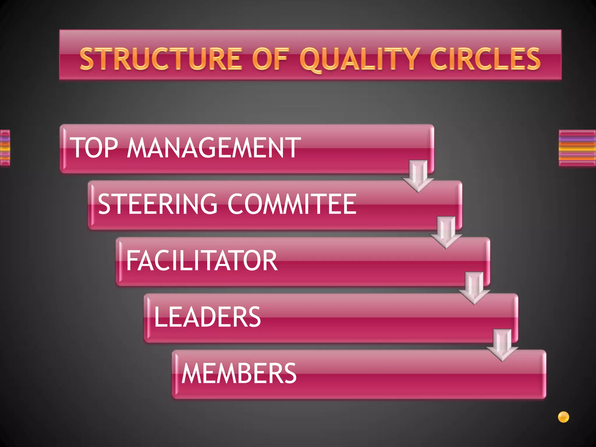 TOP MANAGEMENT

 STEERING COMMITEE

   FACILITATOR

     LEADERS

       MEMBERS
 