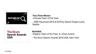 Two-Time Winner
»Inhouse Team of the Year«
- SMX Advanced 2018 & 2019 by Search Engine Land,
Seattle
Awarded
»Organic Team of the Year« & »Chair Award«
- The Drum Search Awards 2018 USA, New York
 