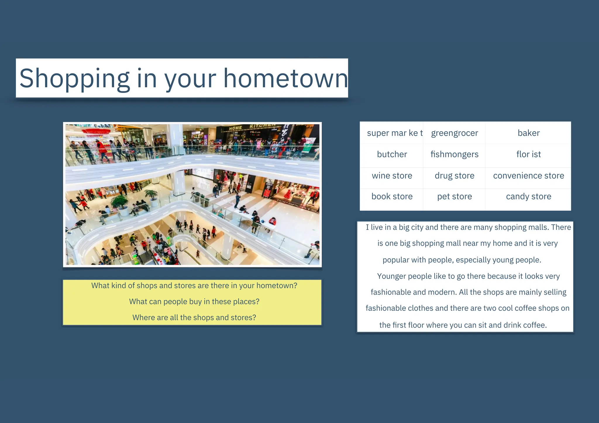 Shopping in your hometown
What kind of shops and stores are there in your hometown?
What can people buy in these places?
Where are all the shops and stores?
I live in a big city and there are many shopping malls. There
is one big shopping mall near my home and it is very
popular with people, especially young people.
Younger people like to go there because it looks very
fashionable and modern. All the shops are mainly selling
fashionable clothes and there are two cool coffee shops on
the ﬁrst ﬂoor where you can sit and drink coffee.
super mar ke t
butcher
wine store
book store
greengrocer
ﬁshmongers
drug store
pet store
baker
ﬂor ist
convenience store
candy store
 