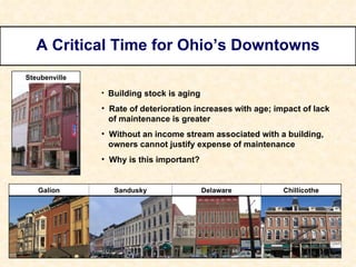 Chillicothe Building stock is aging  Rate of deterioration increases with age; impact of lack   of maintenance is greater Without an income stream associated with a building,    owners cannot justify expense of maintenance Why is this important? Galion Sandusky Delaware A Critical Time for Ohio’s Downtowns Steubenville 