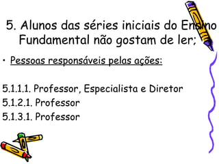 5. Alunos das séries iniciais do Ensino Fundamental não gostam de ler;   Pessoas responsáveis pelas ações: 5.1.1.1. Professor, Especialista e Diretor 5.1.2.1. Professor 5.1.3.1. Professor 