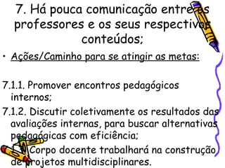 7. Há pouca comunicação entre os professores e os seus respectivos conteúdos; Ações/Caminho para se atingir as metas: 7.1.1. Promover encontros pedagógicos internos; 7.1.2. Discutir coletivamente os resultados das avaliações internas, para buscar alternativas pedagógicas com eficiência; 7.1.3. Corpo docente trabalhará na construção de projetos multidisciplinares.   