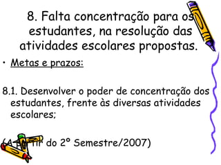 8. Falta concentração para os estudantes, na resolução das atividades escolares propostas.   Metas e prazos: 8.1. Desenvolver o poder de concentração dos estudantes, frente às diversas atividades escolares; (A partir do 2º Semestre/2007)   