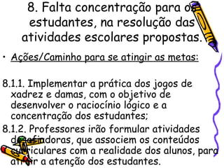 8. Falta concentração para os estudantes, na resolução das atividades escolares propostas. Ações/Caminho para se atingir as metas: 8.1.1. Implementar a prática dos jogos de xadrez e damas, com o objetivo de desenvolver o raciocínio lógico e a concentração dos estudantes; 8.1.2. Professores irão formular atividades desafiadoras, que associem os conteúdos curriculares com a realidade dos alunos, para atrair a atenção dos estudantes.   
