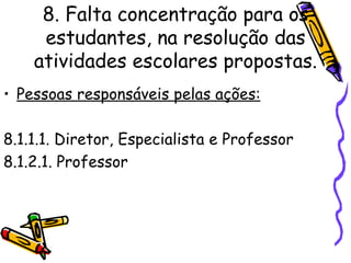 8. Falta concentração para os estudantes, na resolução das atividades escolares propostas. Pessoas responsáveis pelas ações: 8.1.1.1. Diretor, Especialista e Professor 8.1.2.1. Professor   