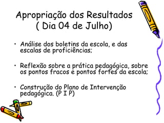 Apropriação dos Resultados ( Dia 04 de Julho) Análise dos boletins da escola, e das escalas de proficiências; Reflexão sobre a prática pedagógica, sobre os pontos fracos e pontos fortes da escola; Construção do Plano de Intervenção pedagógica. (P I P) 