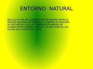 ENTORNO NATURAL
BOLLULLOS PAR DEL CONDADO SE ENCUENTRA ENTRE EL
PARQUE NACIONAL DE DOÑANA Y LA SIERRA DE ARACENA.
SE ENCUENTRA A 26 K.M. TAMBIEN ESTA AMITAD DE
CAMINO ENTRE HUELVA Y SEVILLA Y A UNA HORA DE LAS
PLAYAS DE LA COSTA DE LA LUZ
 