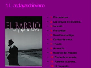 1. Las playas de invierno 1 .   El comienzo. 2.  Las playas de invierno. 3. Yo soñé. 4.  Fiel amigo. 5.  Querida enemiga. 6.  Caritas de amor. 7.  Trucos. 8.  Ausencia. 9.  Maestra del fracaso. 10 . Diario de uno más. 11.  Abreme la puerta.  12.  El recuerdo. 