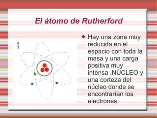 El átomo de Rutherford
 Hay una zona muy
reducida en el
espacio con toda la
masa y una carga
positiva muy
intensa ,NÚCLEO y
una corteza del
núcleo donde se
encontrarían los
electrones.
 