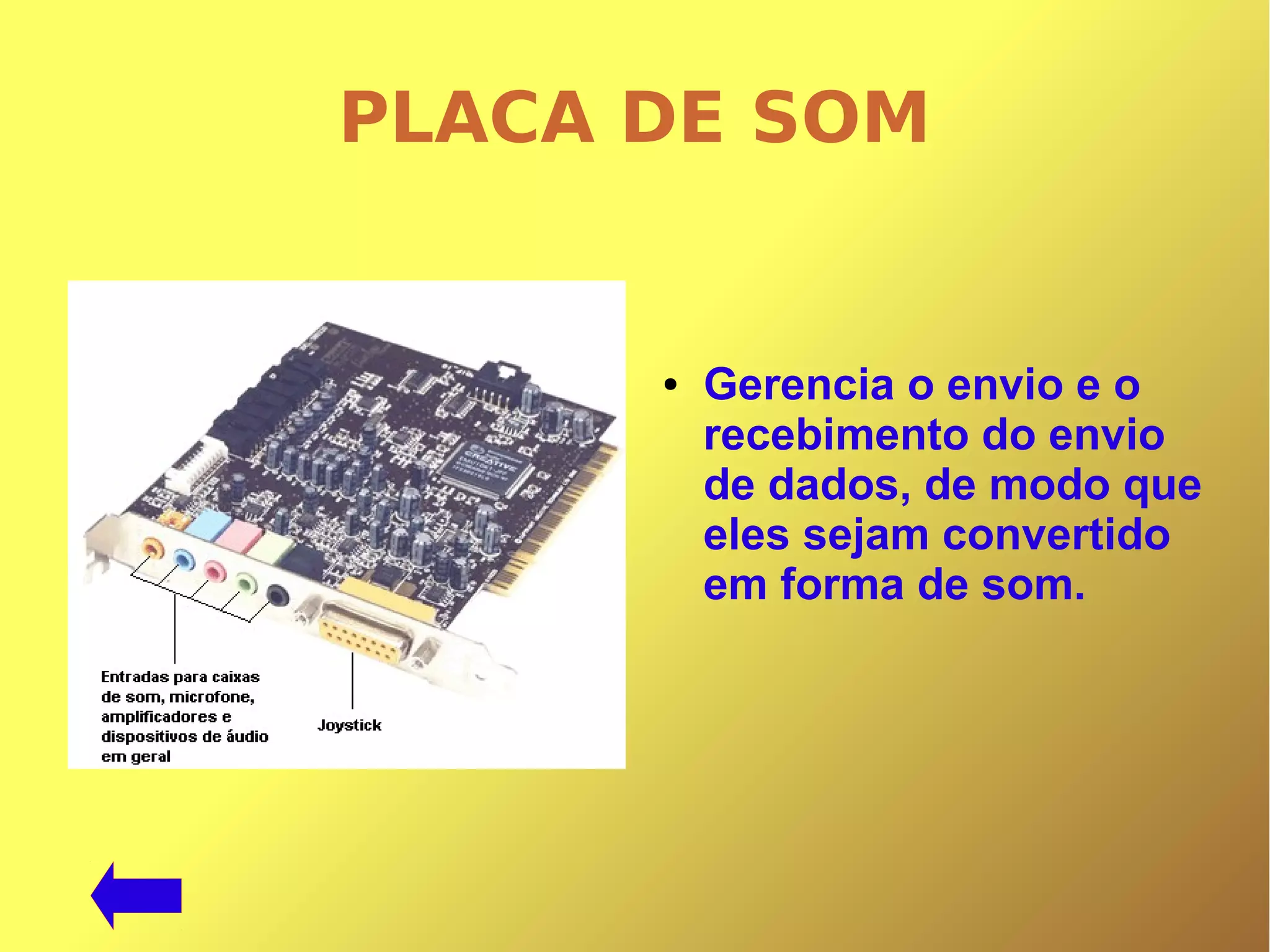 PLACA DE SOM
● Gerencia o envio e o
recebimento do envio
de dados, de modo que
eles sejam convertido
em forma de som.
 