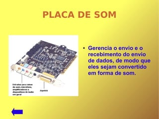 PLACA DE SOM
● Gerencia o envio e o
recebimento do envio
de dados, de modo que
eles sejam convertido
em forma de som.
 