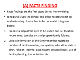(A) FACTS FINDING
• Facts findings are the first steps during home visiting.
• It helps to study the clinical and other records to get an
understanding of what has to be done which is given
below:
1. Prepare a map of the area to be visited and i.e. location,
house, road, temples etc and prepare family folders.
2. Collect information of the family member regarding
number of family member, occupation, education, date of
birth, religion, income, past history, present illness, use of
family planning, immunization etc.
 