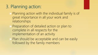 3. Planning action:
 Planning action with the individual family is of
great importance in all your work and
relationships
 Preparation of detailed action or plan to
complete in all respects for the
implementation of an activity
 Plan should be acceptable and can be easily
followed by the family members
 