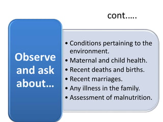 cont.….
• Conditions pertaining to the
environment.
• Maternal and child health.
• Recent deaths and births.
• Recent marriages.
• Any illness in the family.
• Assessment of malnutrition.
Observe
and ask
about…
 