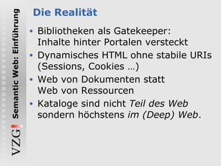Die Realität Bibliotheken als Gatekeeper: Inhalte hinter Portalen versteckt Dynamisches HTML ohne stabile URIs (Sessions, Cookies …) Web von Dokumenten statt Web von Ressourcen Kataloge sind nicht  Teil des Web  sondern höchstens  im (Deep) Web . 