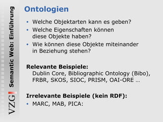Ontologien Welche Objektarten kann es geben? Welche Eigenschaften können diese Objekte haben? Wie können diese Objekte miteinander in Beziehung stehen? Relevante Beispiele: Dublin Core, Bibliographic Ontology (Bibo), FRBR, SKOS, SIOC, PRISM, OAI-ORE … Irrelevante Beispiele (kein RDF): MARC, MAB, PICA: 