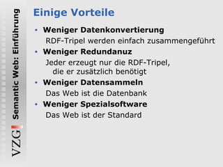 Einige Vorteile Weniger Datenkonvertierung RDF-Tripel werden einfach zusammengeführt Weniger Redundanuz Jeder erzeugt nur die RDF-Tripel, die er zusätzlich benötigt Weniger Datensammeln Das Web ist die Datenbank Weniger Spezialsoftware Das Web ist der Standard 