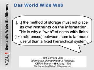 […]  the method of storage must not place its own  restraints on the information . This is why a  "web"  of notes  with links  (like references) between them is far more useful than a fixed hierarchical system. Das World Wide Web Tim Berners-Lee: Information Management: A Proposal. CERN, March  1989 , May 1990 http://www.w3.org/History/1989/proposal.html 