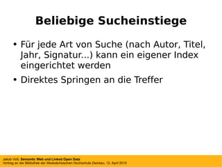Beliebige Sucheinstiege Für jede Art von Suche (nach Autor, Titel,  Jahr, Signatur...) kann ein eigener Index eingerichtet werden Direktes Springen an die Treffer 