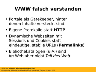 WWW falsch verstanden Portale als Gatekeeper, hinter denen Inhalte versteckt sind Eigene Protokolle statt  HTTP Dynamische Webseiten mit Sessions und Cookies statt eindeutige, stabile URLs ( Permalinks ) Bibliothekskataloge (u.A.) sind im  Web aber nicht  Teil des Web 