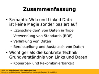 Open Data aus Bibliotheken Schwedische Nationalbibliothek http://blog.libris.kb.se/semweb/ Hochschulbibliothekszentrum NRW http://www.hbz-nrw.de/projekte/linked_open_data/ Universitäts- und Stadtbibliothek Köln http://opendata.ub.uni-koeln.de/ Ghent University Library http://lib.ugent.be/info/en/exports.shtml OKF-AG Open Bibliographic Data http://wiki.okfn.org/wg/bibliography 