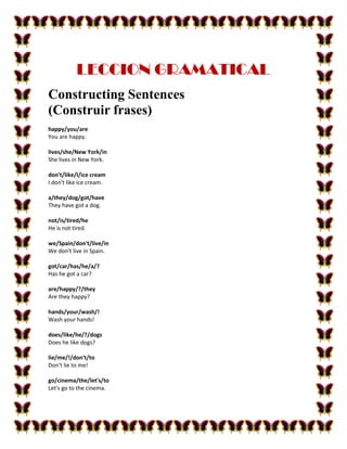 LECCION GRAMATICAL
Constructing Sentences
(Construir frases)
happy/you/are
You are happy.

lives/she/New York/in
She lives in New York.

don't/like/I/ice cream
I don't like ice cream.

a/they/dog/got/have
They have got a dog.

not/is/tired/he
He is not tired.

we/Spain/don't/live/in
We don't live in Spain.

got/car/has/he/a/?
Has he got a car?

are/happy/?/they
Are they happy?

hands/your/wash/!
Wash your hands!

does/like/he/?/dogs
Does he like dogs?

lie/me/!/don't/to
Don't lie to me!

go/cinema/the/let's/to
Let's go to the cinema.
 