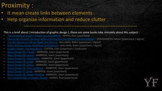 Proximity :
• It mean create links between elements .
• Help organize information and reduce clutter .
---------------------------------------------------------------------
This is a brief about ( introduction of graphic design ), these are some books take minutely about this subject :
• The Elements of Graphic Design (Second Edition) - WHITE, Alex [paperback]
• How to Be a Graphic Designer without Losing Your Soul (New Expanded Edition) - SHAUGHNESSY, Adrian [paperback / digital]
• The Non-Designer's Design Book (3rd Edition) - WILLIAMS, Robin [paperback / digital]
• Robin Williams Design Workshop (2nd Edition) - WILLIAMS, Robin [paperback / digital]
• Graphic Design: The New Basics - LUPTON, Ellen [paperback / hardcover]
• Basics Design 01: Format - AMBROSE, Gavin [paperback]
• Basics Design 02: Layout - AMBROSE, Gavin [paperback]
• Basics Design 03: Typography - AMBROSE, Gavin [paperback]
• Basics Design 04: Image - AMBROSE, Gavin [paperback]
• Basics Design 05: Colour - AMBROSE, Gavin [paperback]
• Basics Design 06: Print and Finish - AMBROSE, Gavin [paperback]
• Basics Design 07: Grids - AMBROSE, Gavin [paperback]
• Basics Design 08: Design Thinking - AMBROSE, Gavin [paperback]
• The Fundamentals of Graphic Design - HARRIS, Paul [paperback]
 