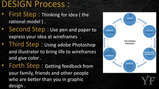 DESIGN Process :
• First Step : Thinking for idea ( the
rational model ) .
• Second Step : Use pen and paper to
express your idea at wireframes .
• Third Step : Using adobe Photoshop
and illustrator to bring life to wireframes
and give color .
• Forth Step : Getting feedback from
your family, friends and other people
who are better than you in graphic
design .
1
35
 