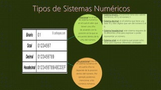 Posicional: es el tipo
de sistema numérico
en el cual el valor que
tienen una cifra
de acuerdo con la
posición en la que se
encuentre dentro de la
cifra del número.
• Sistema binario: únicamente tiene dos valores
numéricos, el 0 y el número 1.
• Sistema decimal: es el sistema que tiene una
base 10 y diez dígitos que van del número 0 al
9.
• Sistema hexadecimal: este sistema requiere de
16 diferentes cifras para expresar o poder
representar un número.
• Sistema octal: es el sistema que posee ocho
cifras para expresar diferentes cantidades.
No posicional: Este es
el sistema numérico en
el cual la cifra no
depende de la posición
dentro del número. Por
ejemplo podemos
mencionar, a los
números romanos.
 