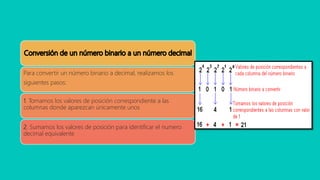 Para convertir un número binario a decimal, realizamos los
siguientes pasos:
1. Tomamos los valores de posición correspondiente a las
columnas donde aparezcan únicamente unos
2. Sumamos los valores de posición para identificar el numero
decimal equivalente
 