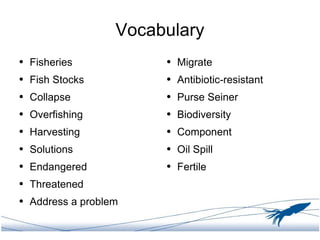 Vocabulary <ul><li>Fisheries </li></ul><ul><li>Fish Stocks </li></ul><ul><li>Collapse </li></ul><ul><li>Overfishing </li><...