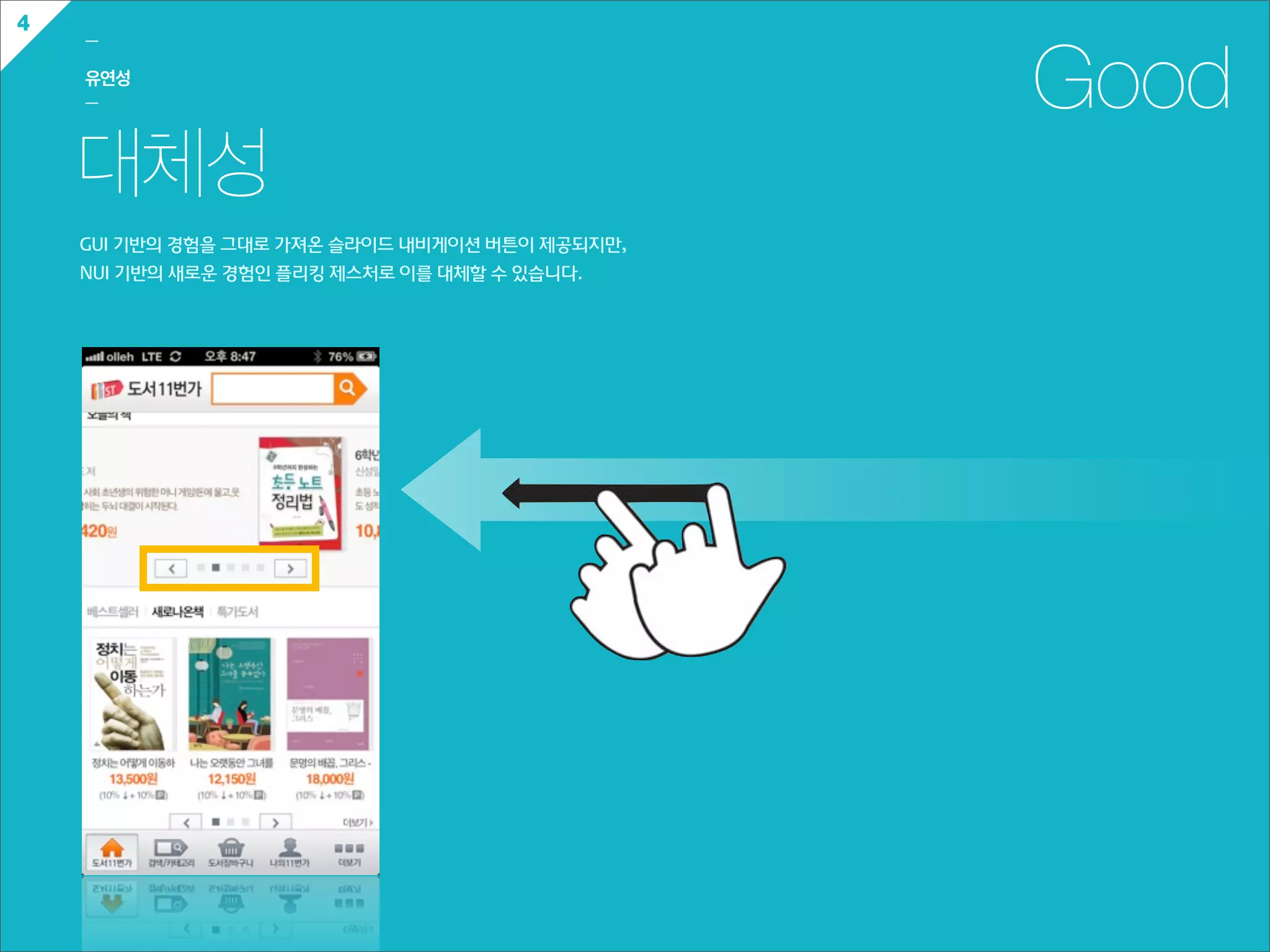 4
    ㅡ

    유연성
    ㅡ                                                    Good
    대체성
    GUI  기반의  경험을  그대로  가져온  슬라이드  내비게이션  버튼이  제공되지만,
    NUI  기반의  새로운  경험인  플리킹  제스처로  이를  대체할  수  있습니다.  
 