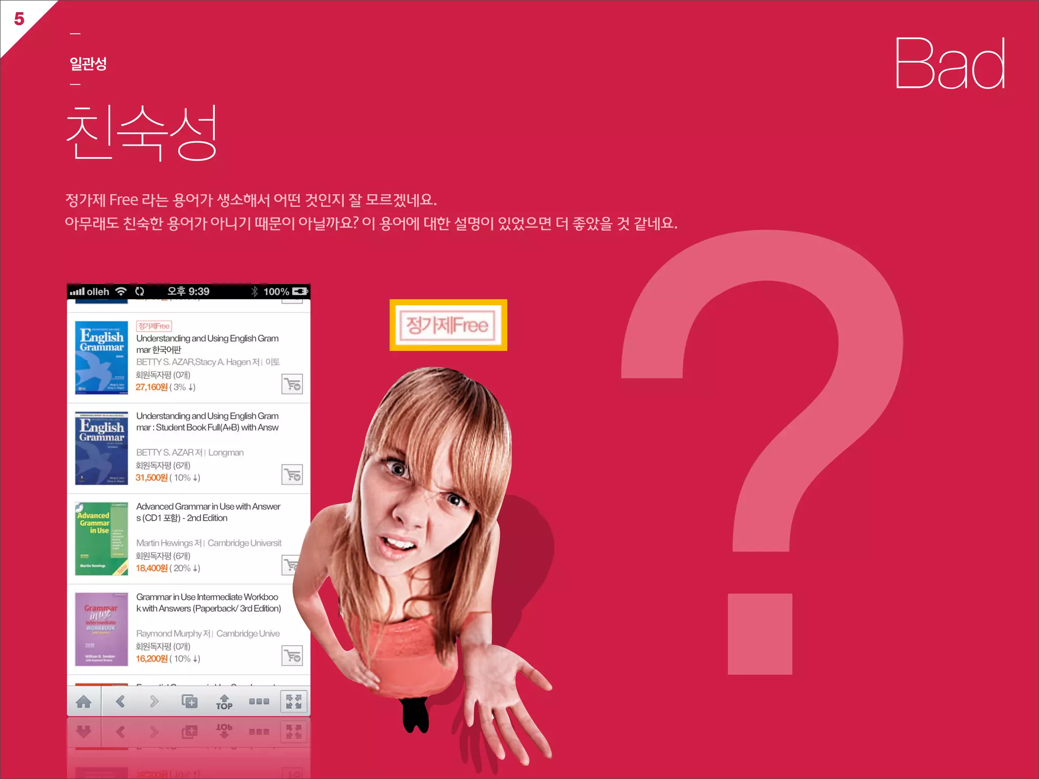 5
    ㅡ

    일관성
    ㅡ                                                                         Bad
    친숙성




                                                                ?
    정가제  Free  라는  용어가  생소해서  어떤  것인지  잘  모르겠네요.  
    아무래도  친숙한  용어가  아니기  때문이  아닐까요?  이  용어에  대한  설명이  있었으면  더  좋았을  것  같네요.
 
